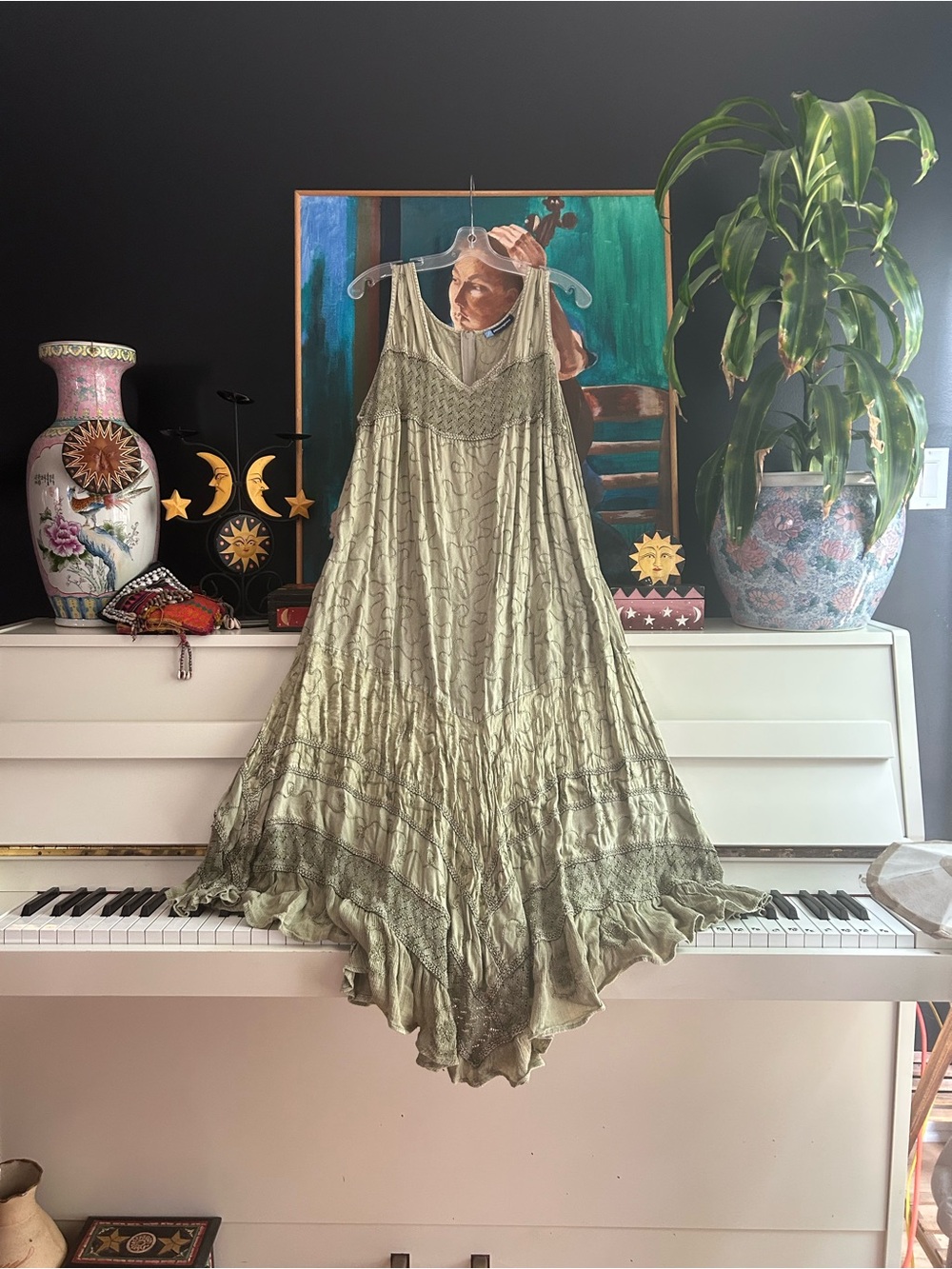 Penningtons Sage Green Boho Lace Handkerchief Midi Dress Plus Size Sleeveless
